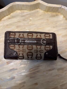 Etienne Aigner Brown and Beige Signature Zip Wallet